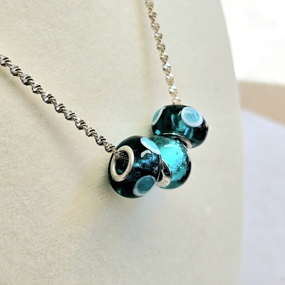 Murano Jewelry - Murano Glass Teal Bead Twisted 925 Silver Necklace